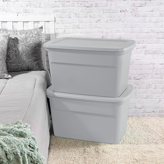 Sterilite 30 Gal Storage Tote, Stackable Bin with Lid, Plastic Container to Organize Clothes, Blankets in Closet, Basement, Gray Base and Lid, 6-Pack