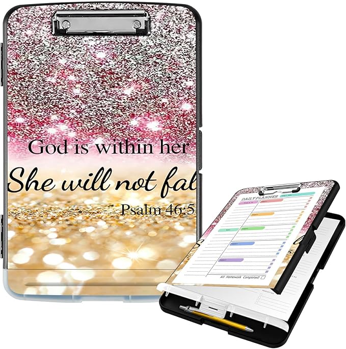 Clipboard with Storage High Capacity Plastic Nursing Clipboards with Pen Holder File Folder Storage Box Clipboard with Heavy Duty Clips for Teacher,Doctor,Offices-Christian Bible Psalm 46-5