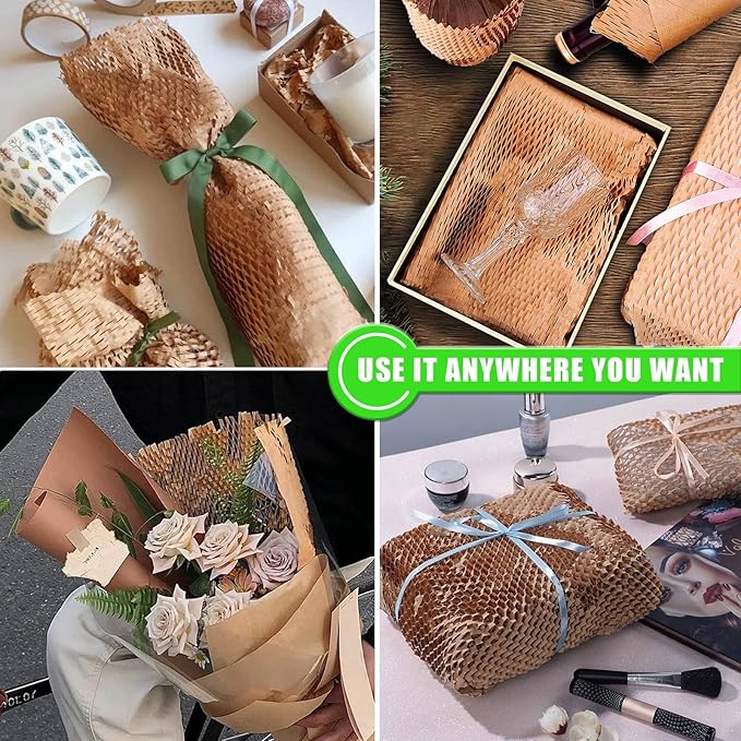 Honeycomb Packing Paper, MINHAO 15"x300' Eco Friendly Packing Paper for Moving Recyclable Honeycomb Paper Moving Supplies Bubble Paper Wrapping Protective Roll, With 36 Fragile Sticker Labels