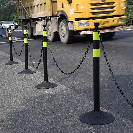 6-Set Pack 40" inch Black Yellow Work Zone Chain Post Set, 6 x 6.6' Feet Plastic Chains, Portable Crowd Control Stanchion Set, Traffic Queue Delineator Post Cones (Black-Rubber Base)