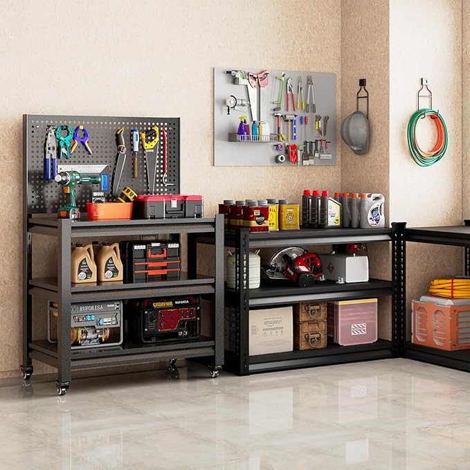 Metal Garage Shelving Unit with Pegboard, Heavy Duty 3000LBS Capacity Adjustable Industrial Storage Shelves, Mobile Steel Storage Rack for Garage, Warehouse, Basement, 47.2" H x 33.5" W x 18" D, Black