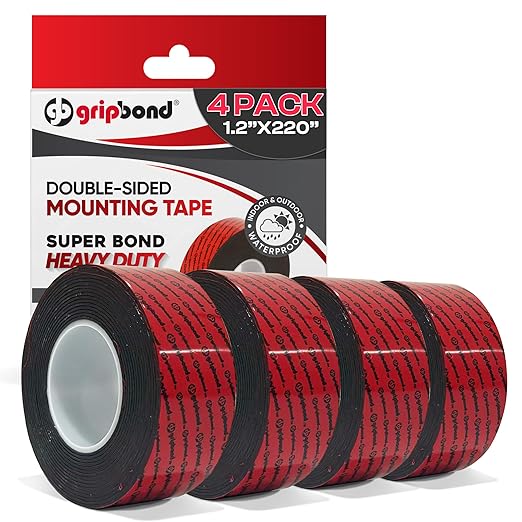 GripBond Black Super Bond Heavy Duty Double Sided Tape, 4 Rolls (18.3 Ft), 1.2” x 220” – Waterproof Adhesive Mounting Tape for Indoor/Outdoor, Walls, Automotive, Car, LED Strip Lights, Home, Office