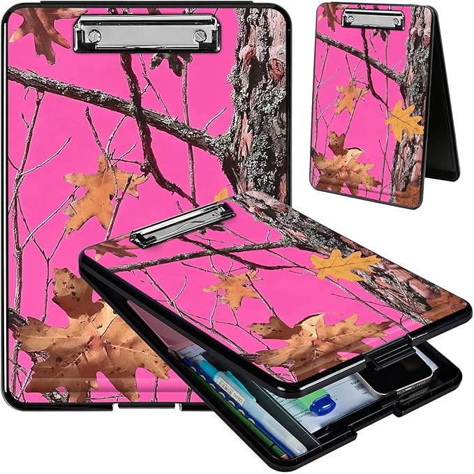 Clipboard with Storage, Hard Letter A4 Size Clip Board with Pen Holder & Paper Organizer, Heavy Duty Portable Writing Pad for Nurses Students Teachers Office Jobsite Contractor, Pink Dead Wood