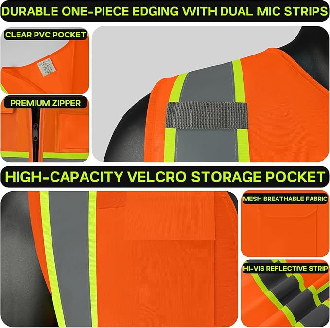 Safety Vest Customize Logo with 5 Pockets & Zipper Reflective High Visibility Vest Class 2 Outdoor Workwear