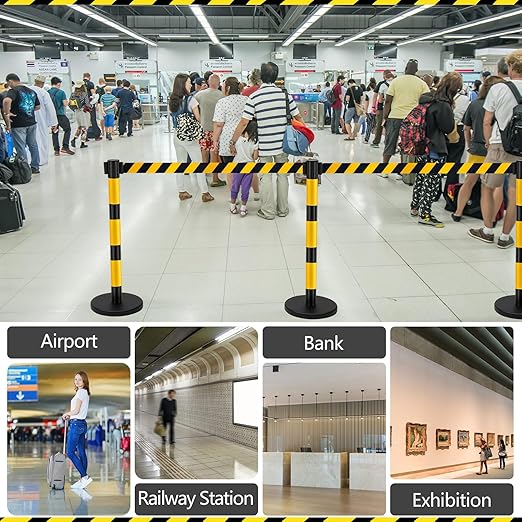 Therwen 6 Pack Heavy Duty Crowd Control Stanchions 9.8 ft Stainless Steel Stanchion Set with 6 Safety Barrier Post Retractable Belt and 1 Sign Holder Crowd Control Barrier(Stripe Belt,Yellow Black)