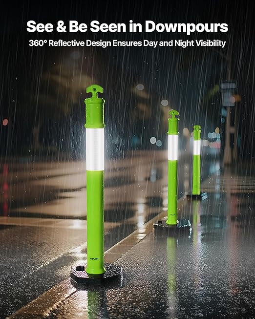 VEVOR 3 Pack Traffic Delineator Posts, 48 inches Traffic Safety Cones with Weighted Base and Reflective Strips, Heavy Duty Delineator Posts for Construction Site, Parking Lot, Crowd Control, Green