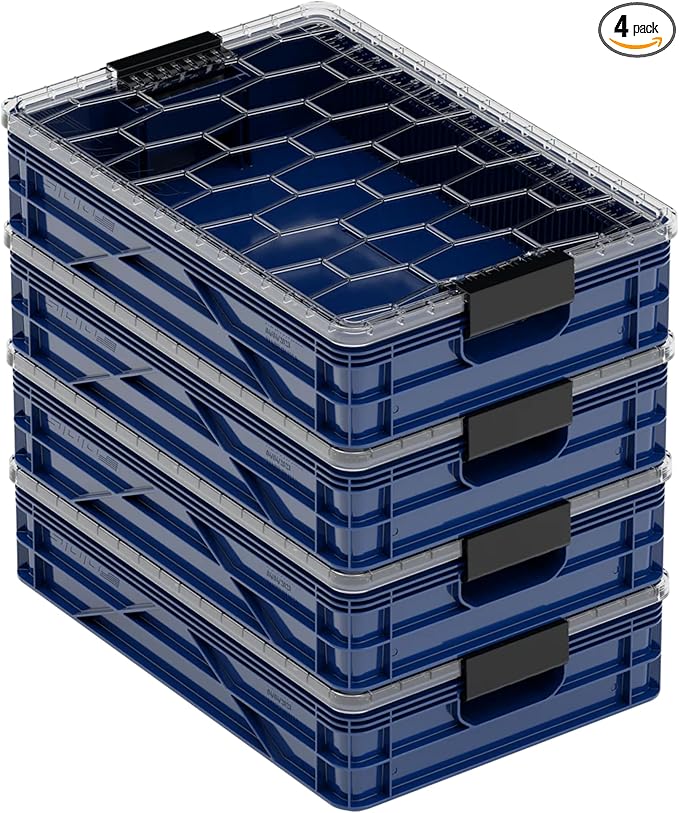 SIDIO Quarter Crate 4 Pack of Stackable Storage Bins - Organizer Bins with Dividers for Garage Organization, Home Storage - Heavy Duty Plastic Containers - 19.16” x 12.75”x 4.57” (Navy Blue)