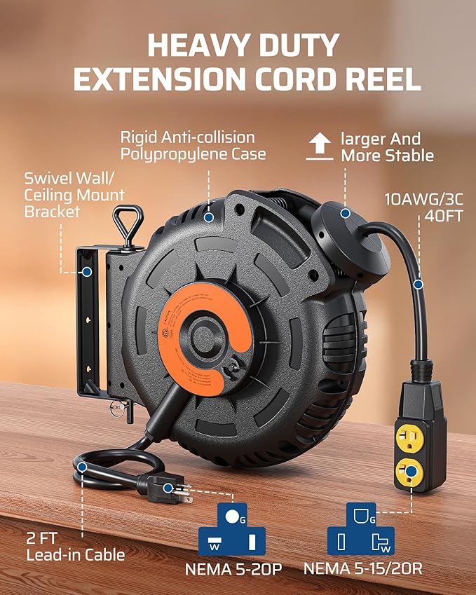 DEWENWILS Retractable Extension Cord Reel, 40FT 10AWG/3C SJTW Heavy Duty Power Cord, 4 Grounded Outlets, 20 Amp Circuit Breaker, 2500W, 180° Swivel Bracket for Ceiling/Wall Mount, ETL Listed
