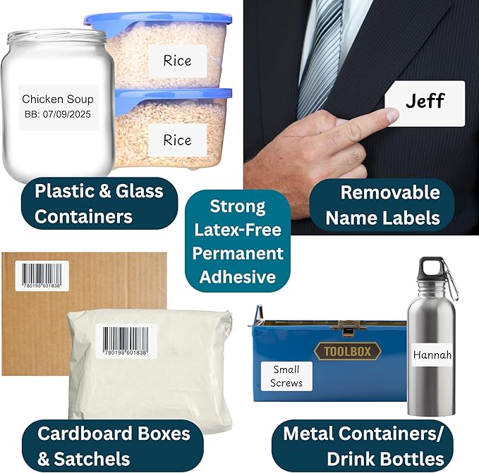 Blank Waterproof Label Stickers, White Write-On Polypropylene Labels with Strong Permanent Adhesive, 70mm x 40mm (2.8” x 1.6”), 500/Roll, Durable for Bottles, Storage Bins, Pantry & Cleaning Supplies