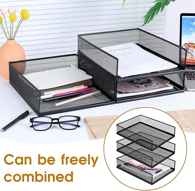 3 Pcs Black Metal Letter Tray, 3-Tier Stackable Paper Tray, Metal Mesh Desktop Organizer, Single Wire Mesh Organizer Front Load File Paper Holder, File Document Storage Rack for Office, School, Home