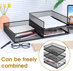 3 Pcs Black Metal Letter Tray, 3-Tier Stackable Paper Tray, Metal Mesh Desktop Organizer, Single Wire Mesh Organizer Front Load File Paper Holder, File Document Storage Rack for Office, School, Home