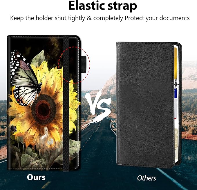 Car Registration and Insurance Holder, Leather Car Glove Box Organizer, Cool Car Accessories for ID, Driver's License Cards & Essential Document,business cards,Men&Women,Sunflowers Butterfly