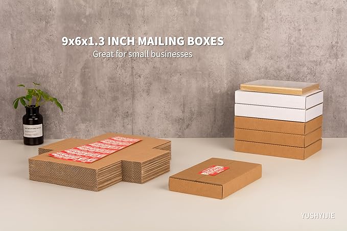 50 Pack 9x6x1.3 inch Small Shipping Boxes, Multi-Depth Flat Cardboard Boxes with Fragile Stickers for DVD Shipping, Packing, Moving, Storage, Brown