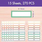 270 PCS Removable Labels, 9 Colors Self-Adhesive Rectangular Stickers Water/Oil/Tear Resistant for Food Containers, Freezer, Kitchen, Files, Jars, Pantry Storage, Office, Bathroom, School (15 Sheets)