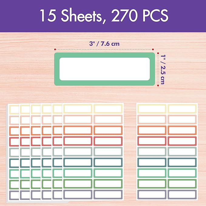 270 PCS Removable Labels, 9 Colors Self-Adhesive Rectangular Stickers Water/Oil/Tear Resistant for Food Containers, Freezer, Kitchen, Files, Jars, Pantry Storage, Office, Bathroom, School (15 Sheets)