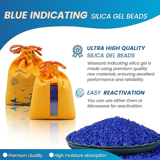 2X 500g Rechargeable Silica Gel Beads with 1 Cloth Bag, Indicating Blue Desiccants Beads [3-5mm] Moisture Absorber Desiccant Packs for Storage