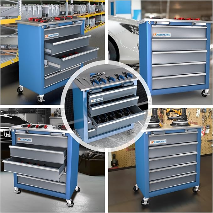 LARBANKE 5-Drawer Tool Chest, Rolling Tool Chest with Wheels, Foot Pads&Locking System,Mobile Storage Tool Cabinet with Stainless Steel Top,Connect Units for A Large Workstation for Office,Garage&Home