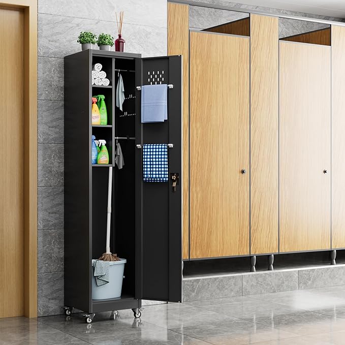 Aobabo Metal Broom Closet Storage Cabinet with Wheels, 72'' Tall Steel Cleaning Tools Garage Cabinet with Pegboards and Hooks,Assembly Required,Black