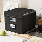 Huolewa New Portable File Organizer Boxes Set of 4, Collapsible Linen Hanging Filing Storage Boxes with Plastic Slide, Decorative Home/Office Filing System for File and Folders Storage (Black)