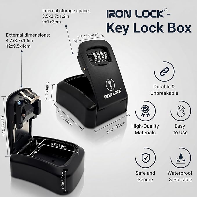 Iron Lock® Key Lock Box Wall Mount – Medium Waterproof Heavy-Duty Metal Safe with 4-Digit Combination for Outdoor Access, Home Entry, Office Security, Rentals & Airbnb Use (Black, Medium)
