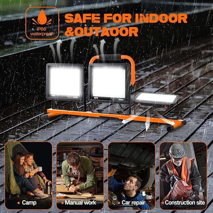 21000 Lumen Work Lights with Stand, 3 Adjustable Head LED Work Light, with Adjustable and Foldable Tripod Stand, Waterproof Lamp with Individual Switch with 6500 Kelvin Color (3-Head-Orange)