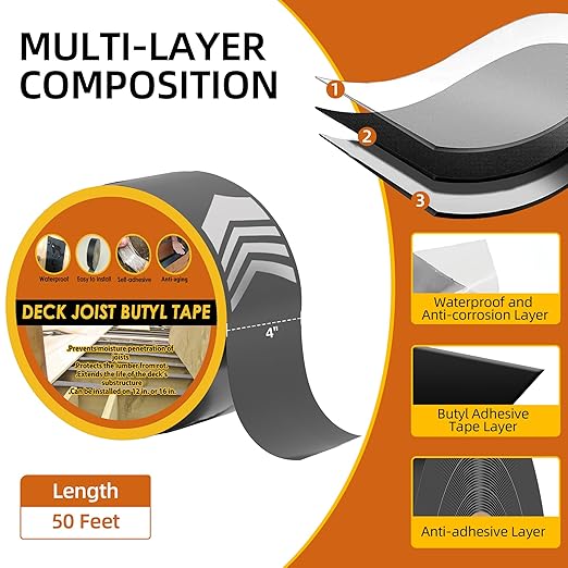 Deck Joist Tape 4" x 50', Butyl Joist Tape for decking, Waterproof and Anti-Corrosion Deck Joist Flashing Tape for Top of Joists, Rim Joists, Under Joists and Beams-1 Rolls