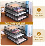 3 Pcs Black Metal Letter Tray, 3-Tier Stackable Paper Tray, Metal Mesh Desktop Organizer, Single Wire Mesh Organizer Front Load File Paper Holder, File Document Storage Rack for Office, School, Home