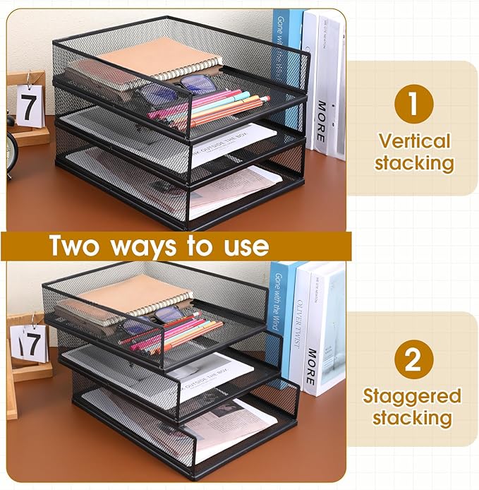 3 Pcs Black Metal Letter Tray, 3-Tier Stackable Paper Tray, Metal Mesh Desktop Organizer, Single Wire Mesh Organizer Front Load File Paper Holder, File Document Storage Rack for Office, School, Home