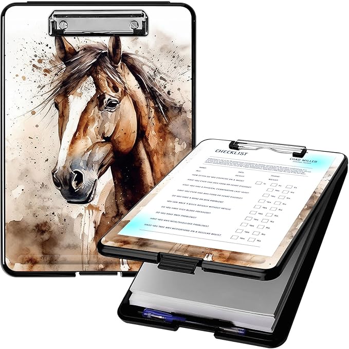 Clipboard with Storage, High Capacity Plastic Storage Clipboard with Pen Holder for for Women Teachers Work, School & Office Supplies, Cute Pattern Decorative Clipboards, Horse