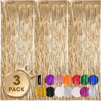 3 Pack 3.3x8.2 Feet Champagne Foil Fringe Backdrop Curtains, Tinsel Streamers Birthday Party Decorations, Fringe Backdrop for Graduation, Baby Shower, Gender Reveal, Disco Party