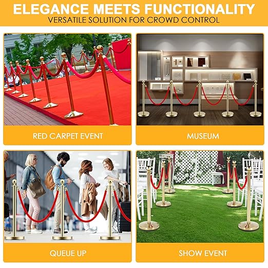 LOVMOR Stainless Steel Stanchion Post, 5 FT Red Carpet Ropes and Poles, 4 pcs Gold Stanchions with Red Rope, Hollow Base and Velvet Ropes Safety Barriers Set, Carpet Runner for Party