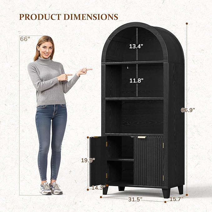Arched Kitchen Pantry, 5-Tier Arched Cabinet with Fluted Doors, Display Cabinet with Open & Adjustable Shelves, Versatile Cupboard for Dining Room, Living Room, Black