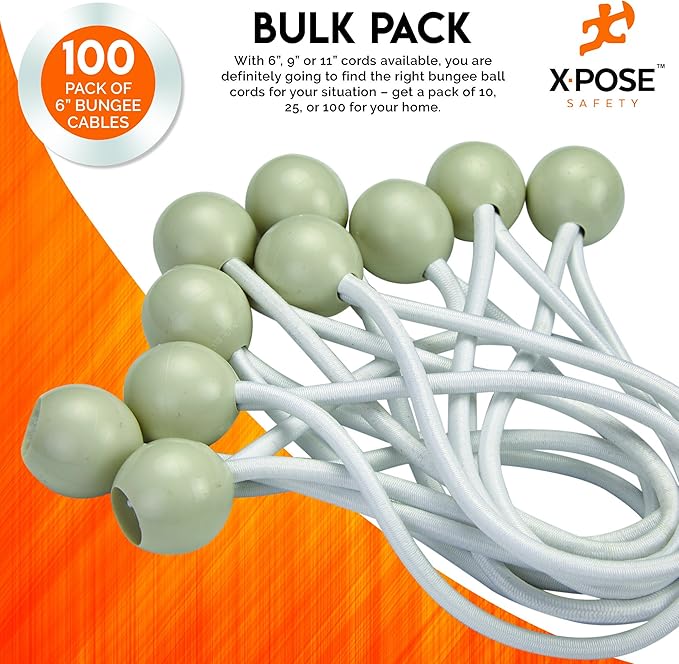Xpose Safety Bungee Ball Cords 6" 100 Pack Heavy Duty White Stretch Rope with Ball Ties for Canopies, Tarps, Walls, Cable Organization