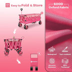48" L Collapsible Beach Wagon Cart Foldable, 560LB Weight Capacity 300L Heavy Duty Folding Wagons with Big All-Terrain Wheels, Utility Carts for Groceries, Shopping, Camping, Sports - Pink