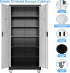 Garage Storage Cabinet with Wheels & Pegboard, Lockable Metal Storage Cabinet with Doors and 5 Adjustable Shelves for Garage Workshop Home, Assembly Required, Black and Silvery, 71" H×34" W×18" D