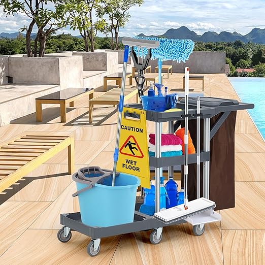 Commercial Janitorial Cleaning Cart on Wheels - Black Housekeeping Caddy with Cover, Shelves and Vinyl Bag
