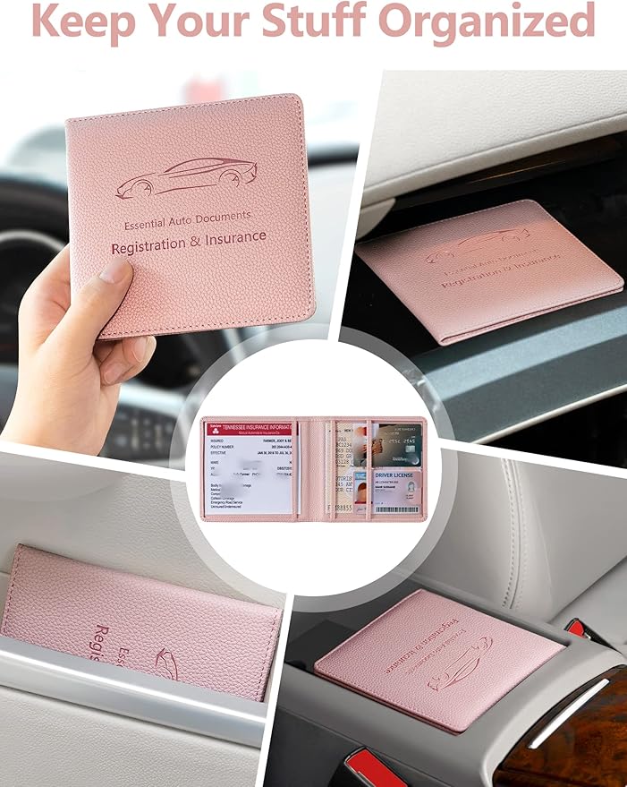 Mymazn Car Registration & Insurance Holder - PU Leather Document Holder with Magnetic Closure for Driver's License & Essential Papers, Pink