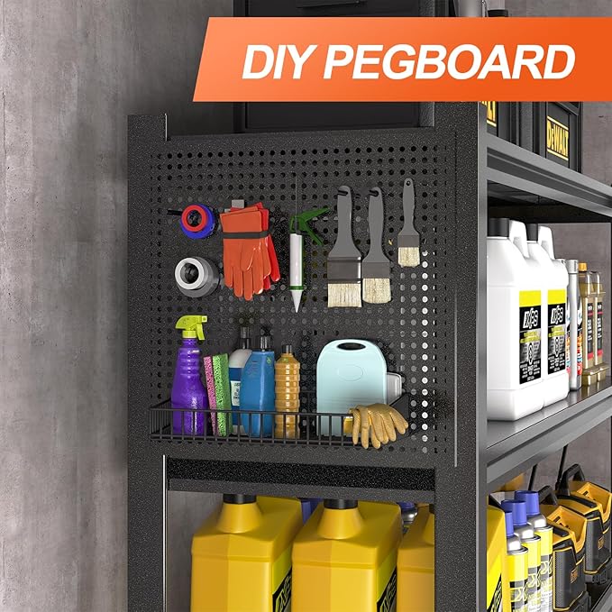 Metal Garage Shelving Unit with Pegboard, Heavy Duty 5-Tier Adjustable Industrial Storage Shelves, 5000 LBS Steel Storage Rack for Garage, Warehouse, Basement, 72" H x 59" W x 23.6" D, Black