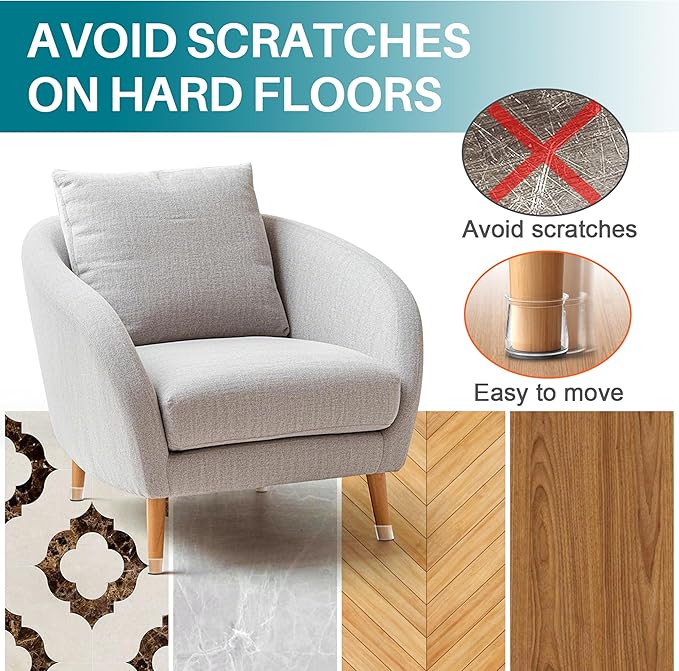 24 Pcs Chair Leg Floor Protectors Round, Silicone Felt Furniture Leg Pads Caps Covers for Hardwood Floors (Fit 15/16" to 1-5/16")