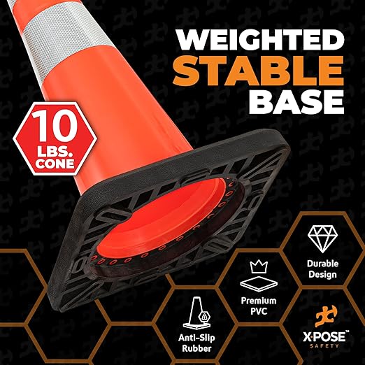 Xpose Safety 28 Inch Orange Slim Line Traffic Cones Heavy Duty 10lb with 6" & 4" Collars, 24 Pack Multipurpose PVC Plastic Safety Cone for Parking, Soccer, Caution, Kids & Construction - DOT Approved