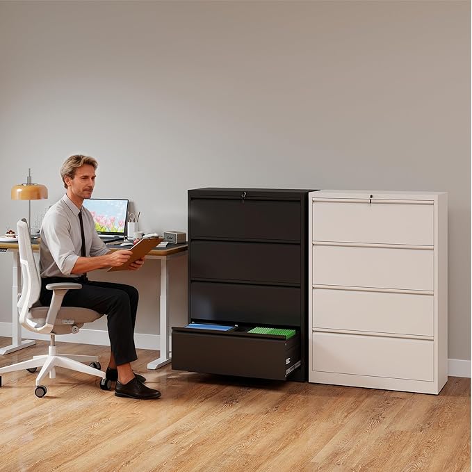 4 Drawer File Cabinet with Lock, Lateral Filing Cabinets,Metal Storage Filing Cabinets for Home Office, Heavy Duty File Cabinet for Letter/Legal/A4/F4 Size Amssebly Required, Black