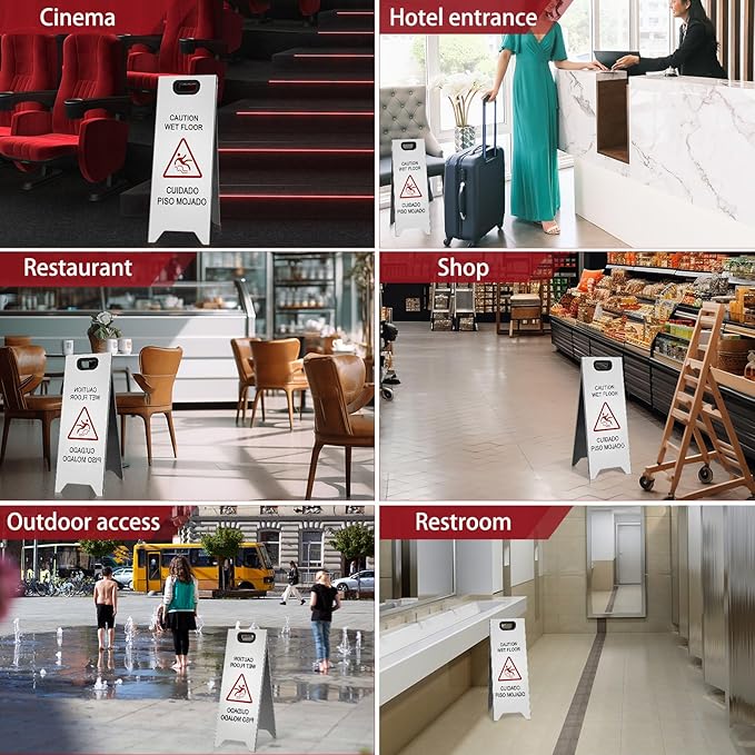 2 Pcs 24 Inch Stainless Steel Wet Floor Sign, Heavy Duty Caution Wet Floor Sign Double Sided Portable Foldable Bilingual Safety Warning for Restaurant Restroom Office Avoid Fall(Silver)