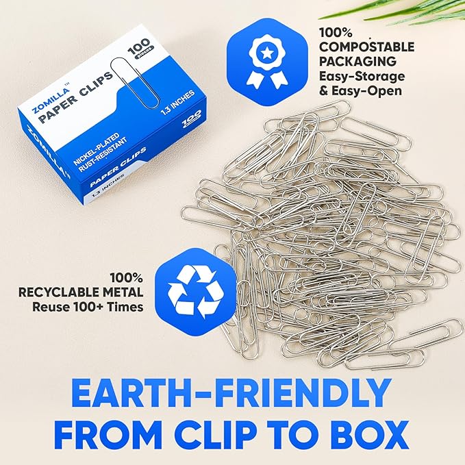 Paper Clips, Zomilla 1000 Pcs Paperclips (10 Boxes of 100 Each), 1-2/7" Medium Paper Clip, Rustproof 1.3 Inches Metal Paper Clip for Office, School, Home - Silver