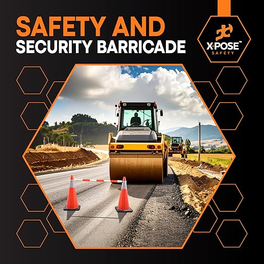Retractable Barrier for Safety Traffic Cones - 2" OD - Large Yellow and Black Bar Barricade - for Road Construction, Parking, Warning, Temporary Security Divider (6, Orange & White, 72" x 120")