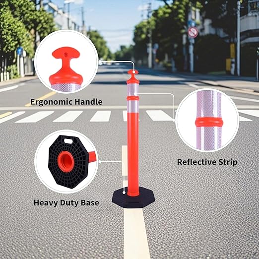 Reflective Rubber Base Traffic Delineator Post - Heavy-Duty Safety Bollards for Parking Lot Markers, Road Construction, Driveway Warning - with Reflective Strips (3 Pack - 42 Inch)