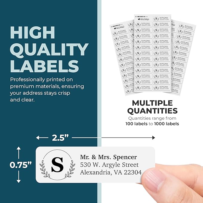 Personalized Return Address Labels - Monogram Address Labels on Sheets (100-1000 Labels)