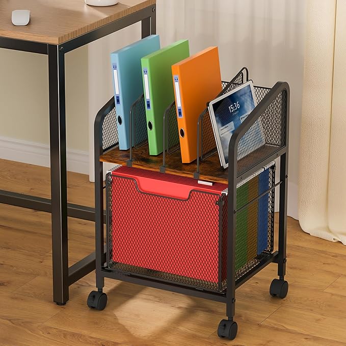 Rolling File Cabinet with Adjustable Dividers, Vertical Filing Cabinet with Storage Drawer on Lockable Wheels, Hanging File Organizer Beside Under Desk for Office, Home（Patent Pending）