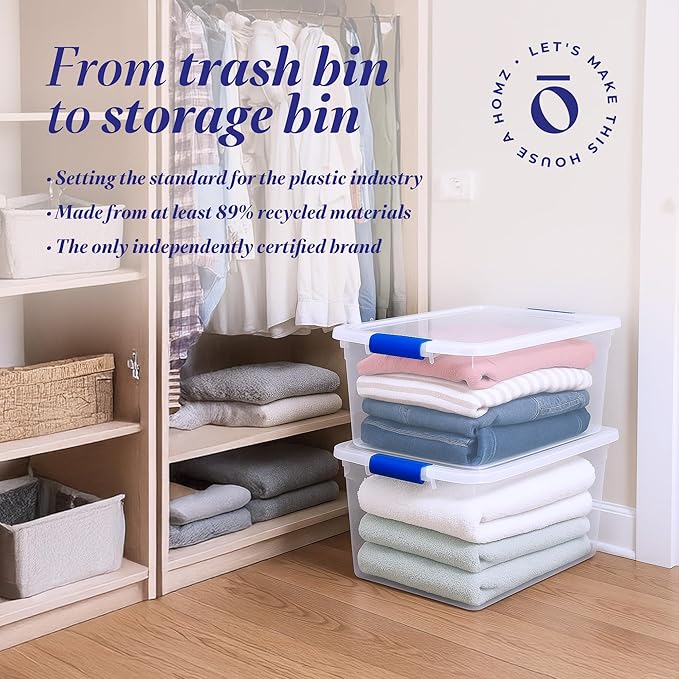 HOMZ 8-Pack Secure Latch, Clear Plastic Storage Organizer Bins, 31 Quart, Blue Latches - Stackable Container Boxes for Bedroom, Bathroom, Garage, and Office Organization