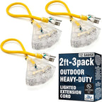 3 Pack - 2 ft Short Outdoor Extension Cord Waterproof - 12 Gauge Heavy Duty Extension Cord Splitter Outdoor 2 ft - Lighted Outdoor Extension Cords with Multiple Outlets - 2' Grounded