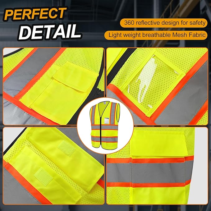 Hi Vis Vest for Men Women High Visibility Mesh Vest with 5 Pockets,Safety Vest with Reflective Trips, Breathable,(GR720-Yellow,4XL).